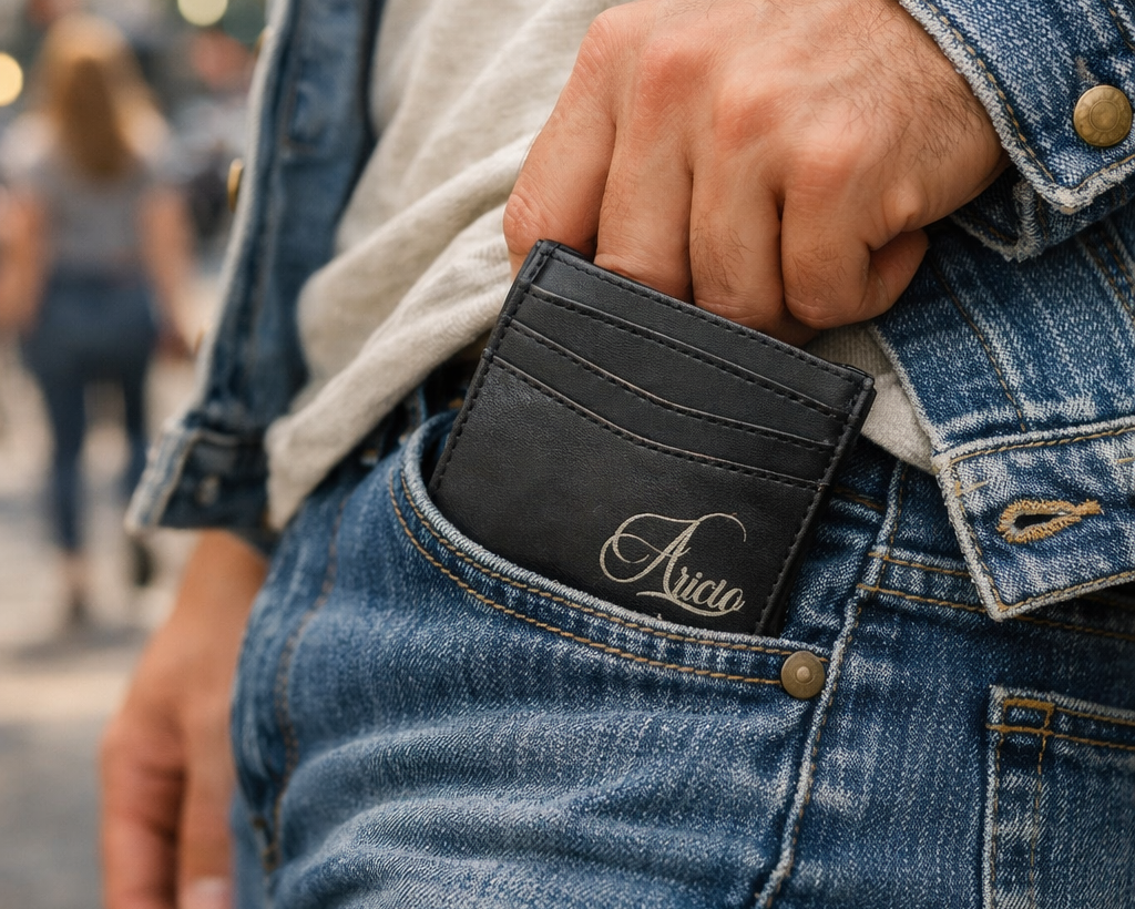 Male using Aricio tobacco LE C leather card holder on the street
