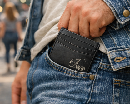 Male using Aricio tobacco LE C leather card holder on the street