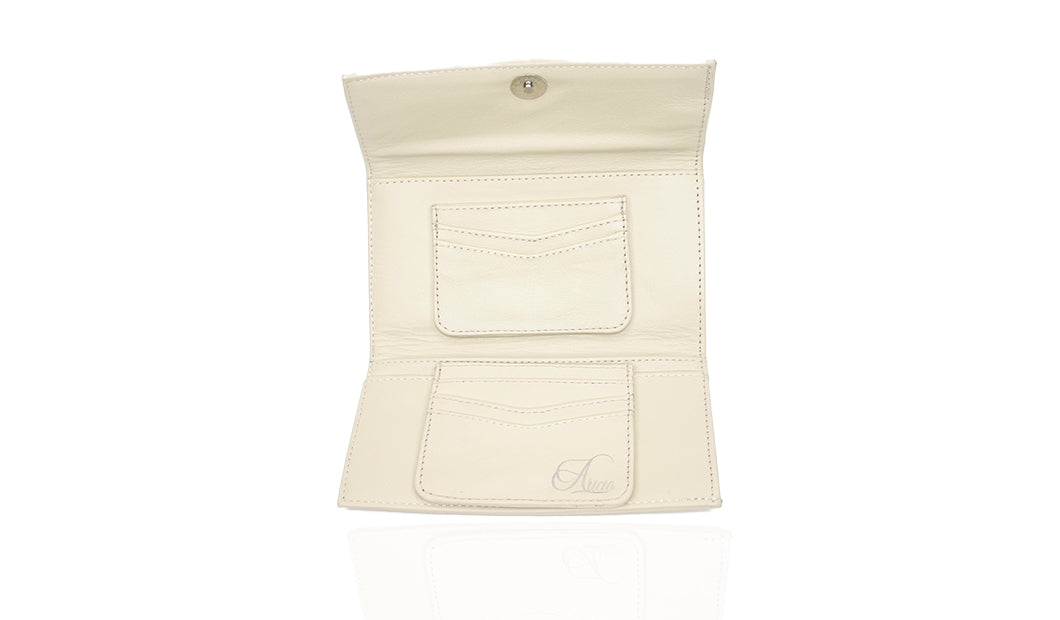 Aricio laser engraved LED Dual Mag ivory leather wallet shown with open pocket detail