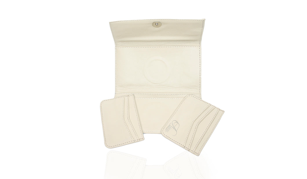 Aricio laser engraved LED Dual Mag ivory leather wallet shown with open pocket detail