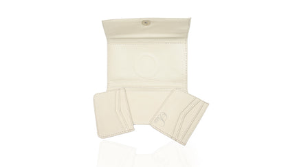 Aricio laser engraved LED Dual Mag ivory leather wallet shown with open pocket detail