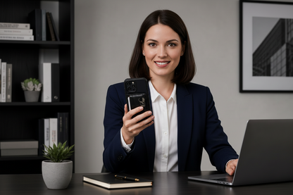 professional-woman-using-Aricio-MAG-C-card-holder-on-the-back-of-a-phone.